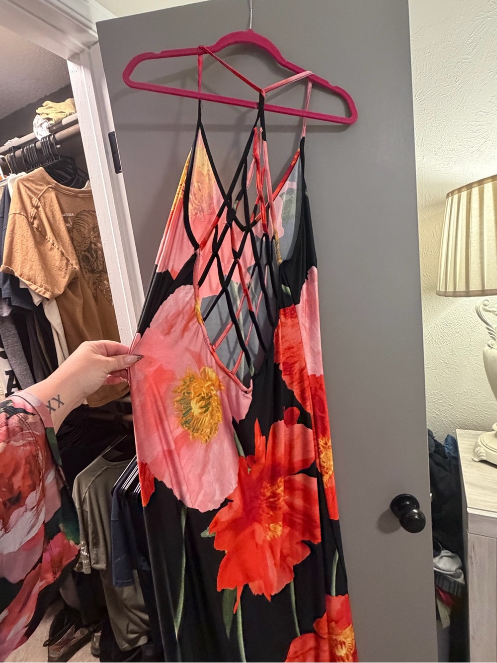 Fashion Nova Black Maxi Slip Dress with Coral & Pink Floral Print